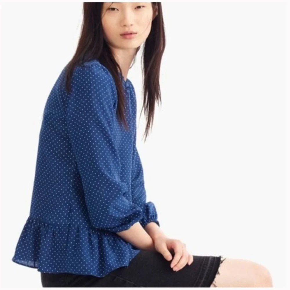 NWT J. Crew 100% Silk Peplum Top in Blue Polka Dot, Size 8